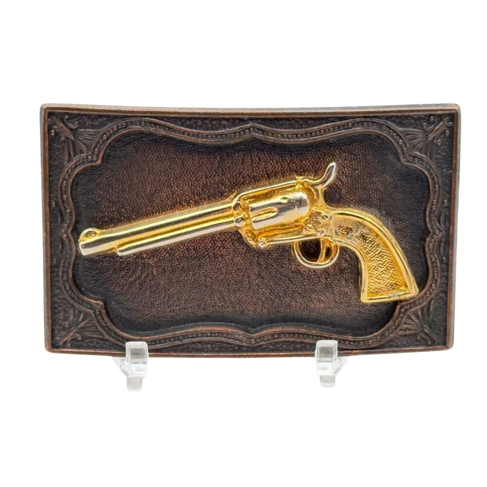 Western Revolver Belt Buckle Raised Gold Tone Pistol Dark Textured Rectangle